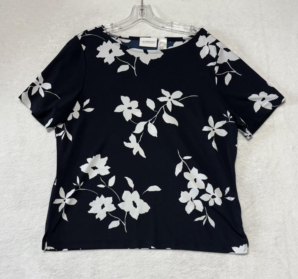 Liz Claiborne Blouse Womens Large Petite Blue Floral Short Sleeve Top